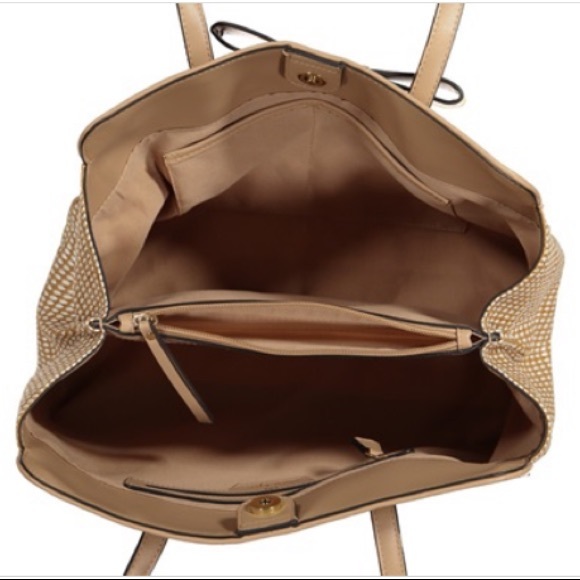 Nanette Lepore ‘Arabelle’ Tan & Cream Leather, Straw & Canvas Tassel Bow Purse - Picture 6 of 10